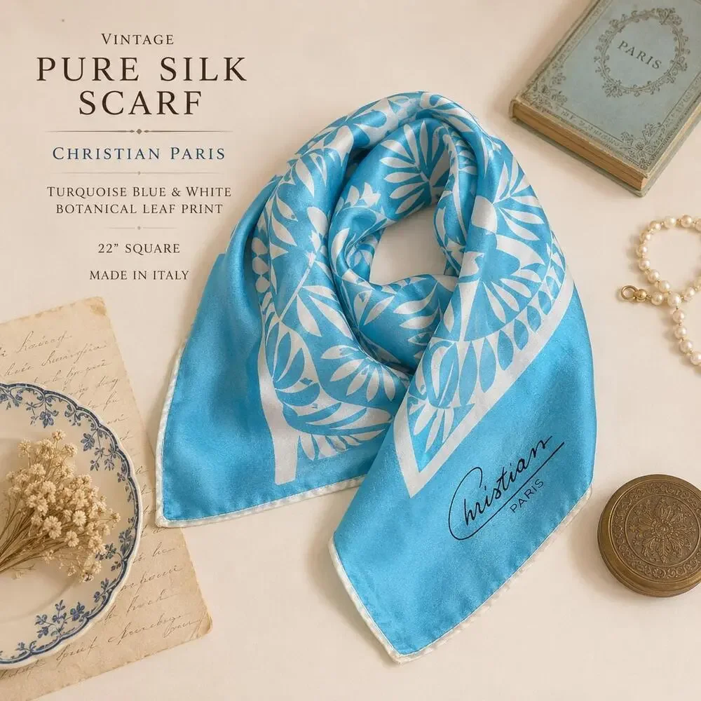 Christian Paris Vintage Pure Silk Scarf 1960’s Turquoise Blue White 22” Italy